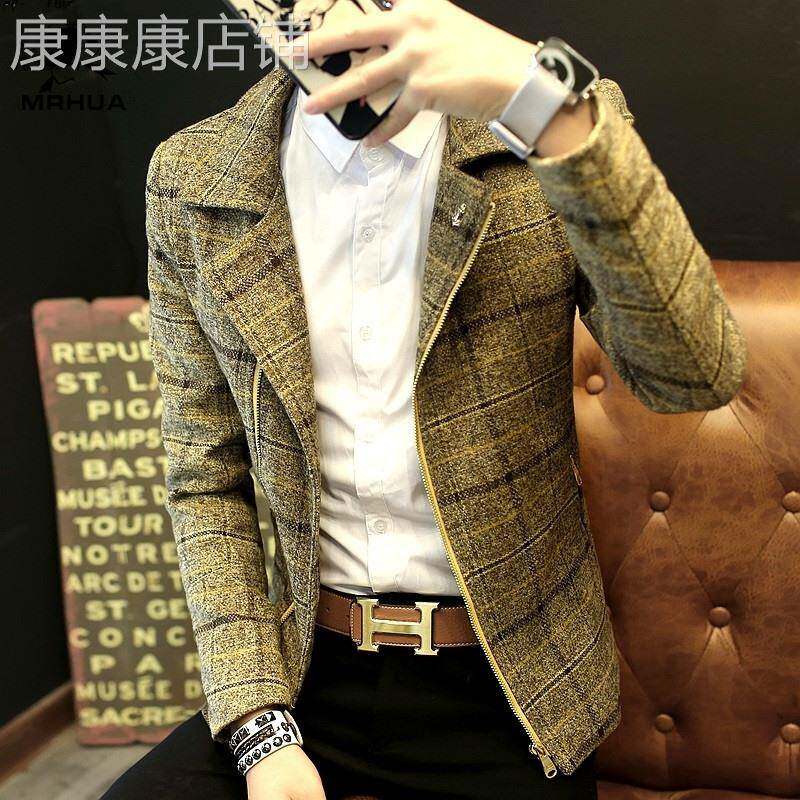 欧洲站男士休闲格子夹克个性短款风衣秋冬季加绒潮流帅气韩版外套