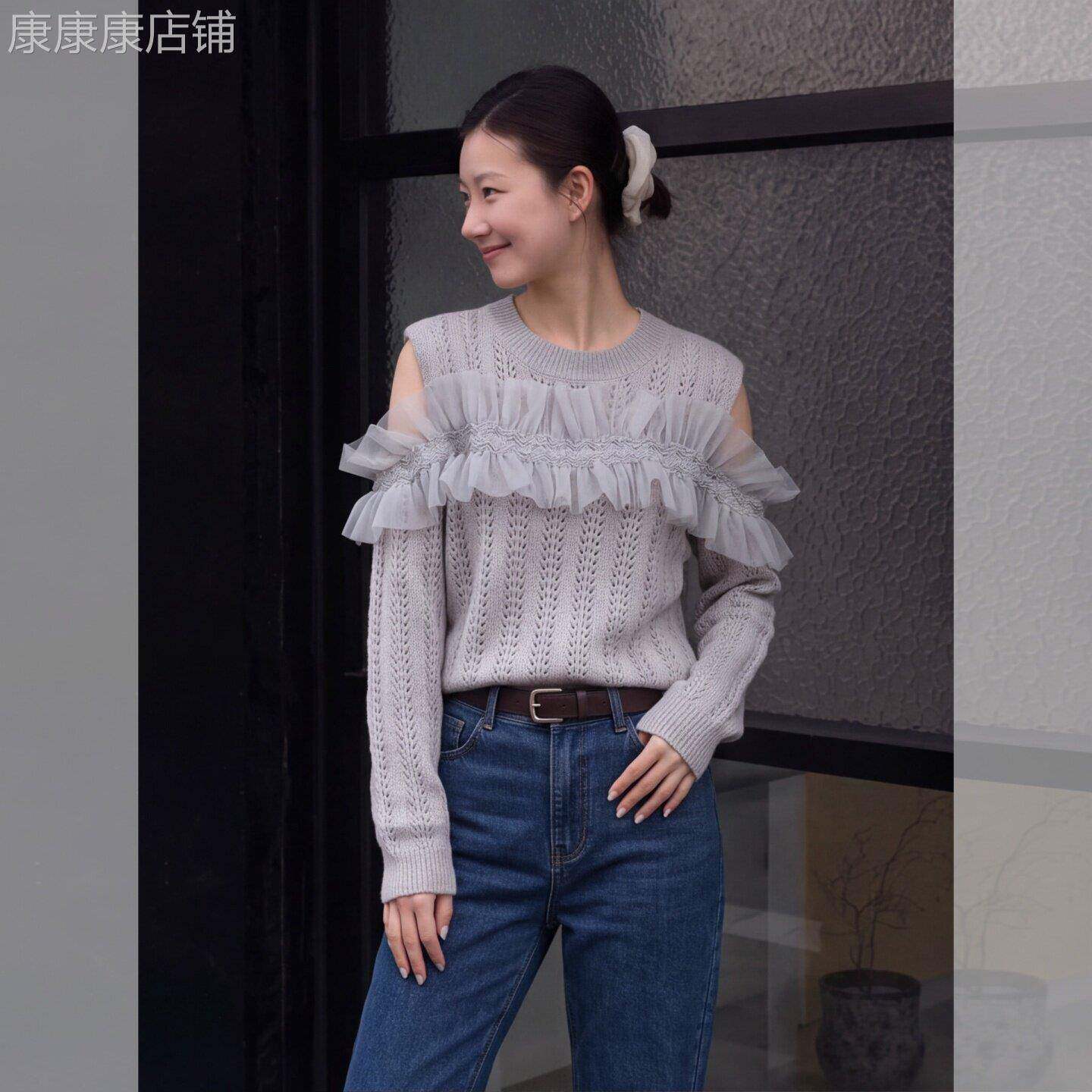 2026法式温柔风露肩网纱拼接针织衫女灰色花朵飘带高级感毛衣秋季