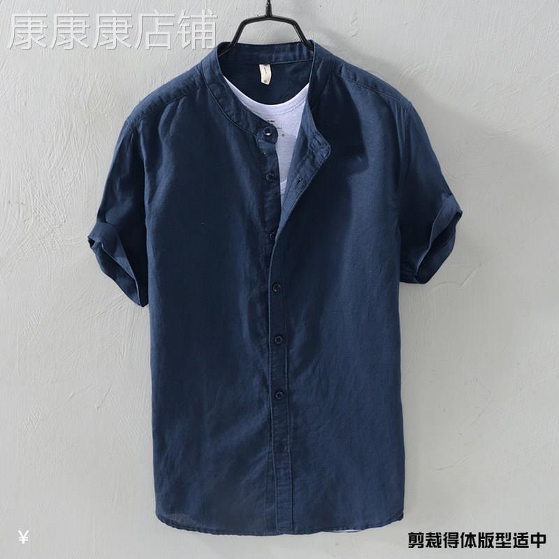 复古棉麻衬衫男士夏季日系宽松大码薄款立领外套纯色休闲短袖衬衣