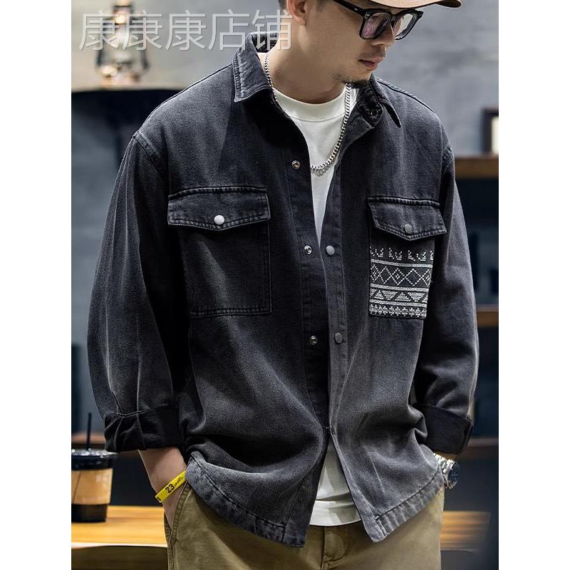 MADNESS MDNS WRUEI美式覆古渐变牛仔衬衫秋季潮牌休闲衬衣男外套