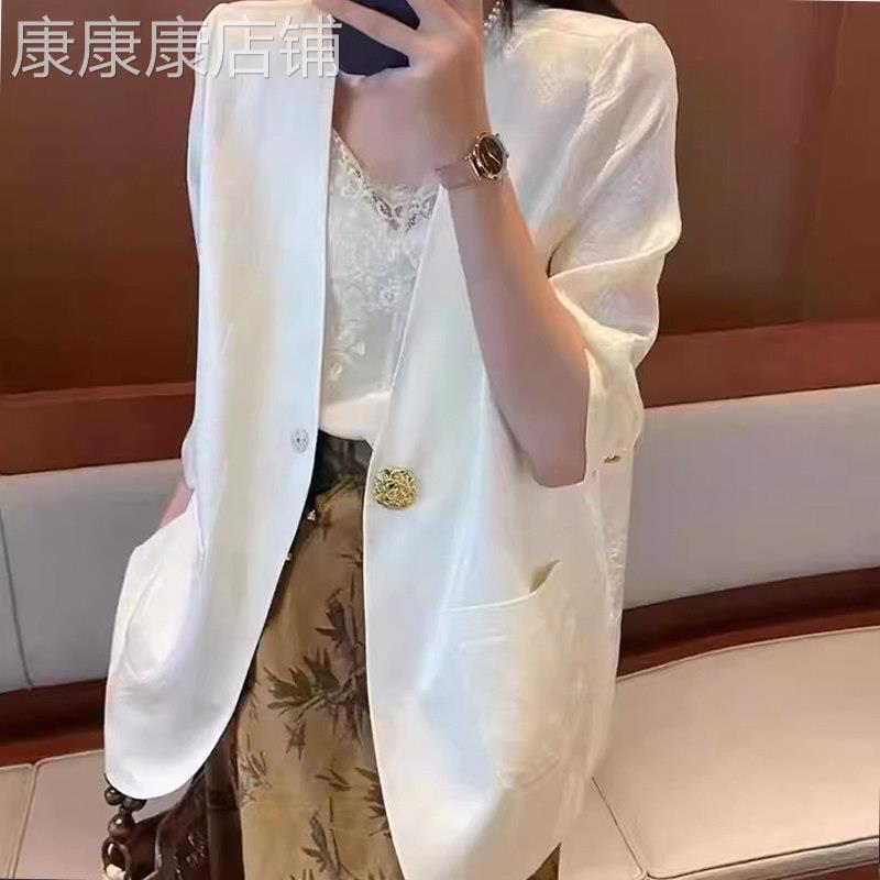 七分袖醋酸缎面西装外套女夏季2025新薄款宽松显瘦一粒扣西服上衣