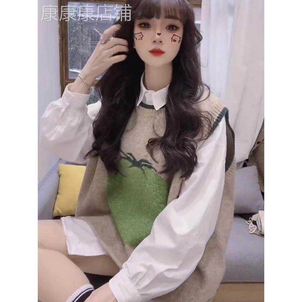 欧洲站针织马甲女2025秋冬新款胖mm宽松毛衣背心衬衫叠穿两件套装