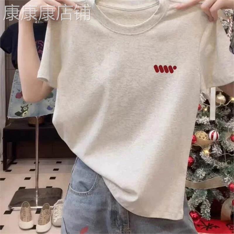 韩国浅花灰色正肩圆领短袖t恤女时尚百搭洋气减龄上衣打底衫夏季