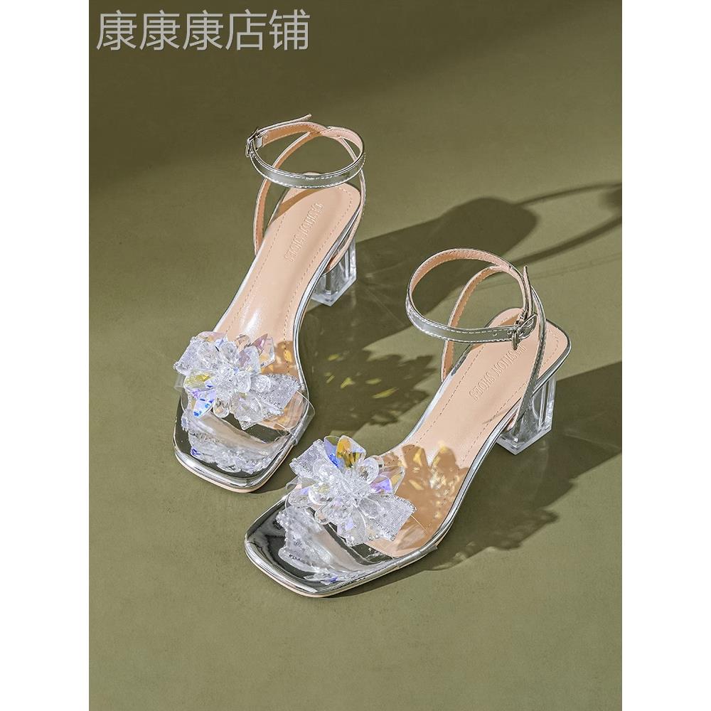 透明水晶粗跟凉鞋女2026年夏季新款仙女风蝴蝶结一字带水钻高跟鞋