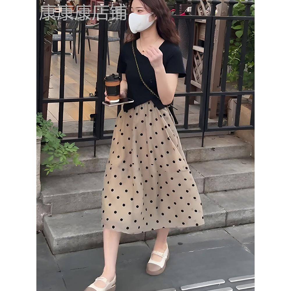 卡其色波点半身裙女夏季新款覆古高腰a字欧根纱伞裙中长版网纱裙
