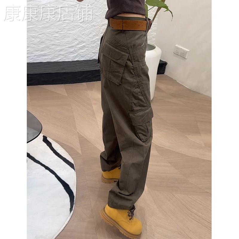 军绿色高腰窄版工装裤女士春秋欧货大码复古弯刀阔腿裤胖mm牛仔裤