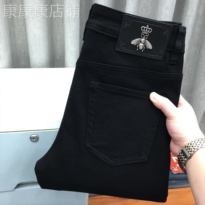 2025小蜜蜂高端秋季黑色牛仔裤男弹力修身小脚长裤大尺码宽松直筒