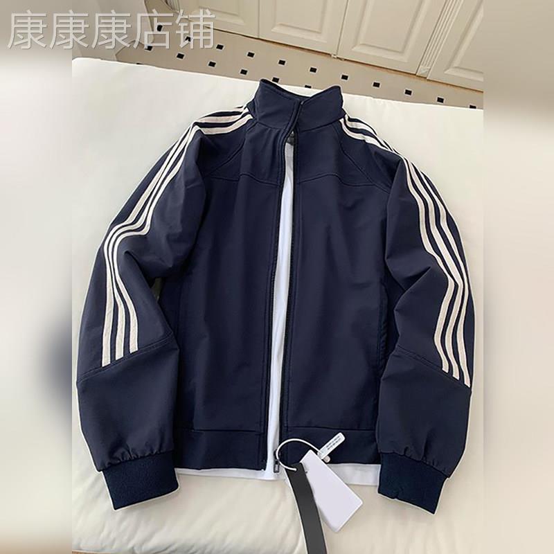 轻奢藏青色短款条纹运动外套2026春季男女款cleanfit美式立领夹克图片