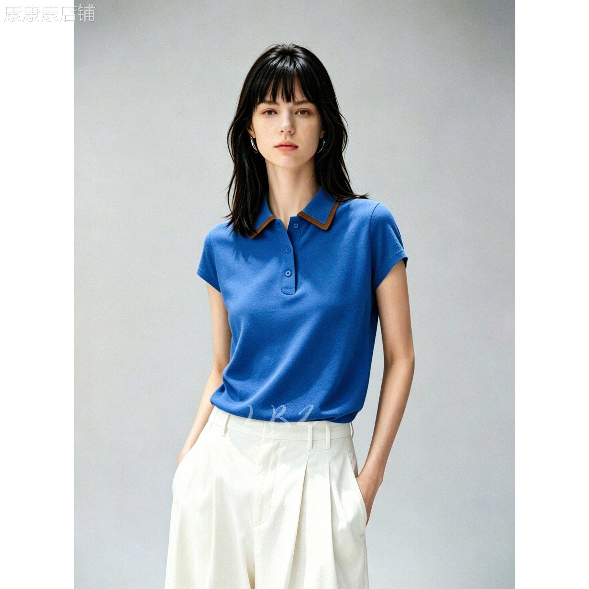 高级感撞色翻领POLO衫女短袖蓝色套头新款夏休闲修身显瘦气质上衣