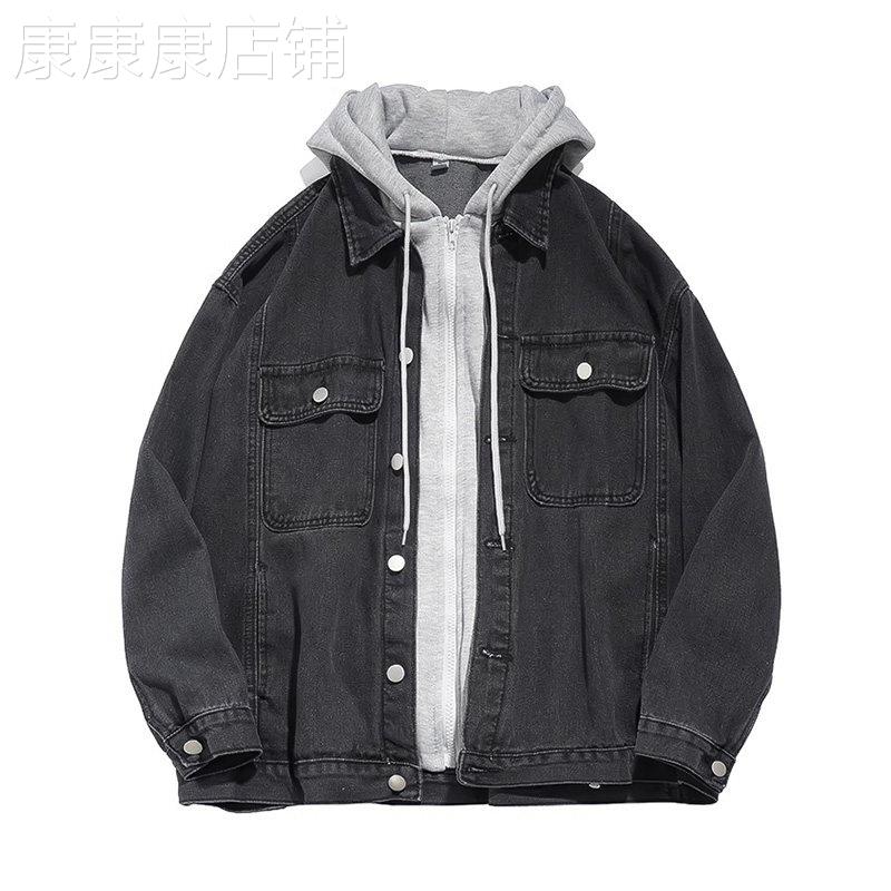 MUSONMU假两件牛仔外套春秋季韩版休闲设计感宽松大码连帽夹克男