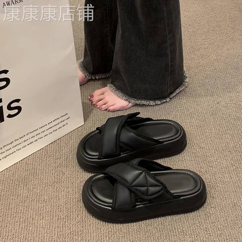 法国Uamtor黑色拖鞋女外穿厚底凉鞋2025新款一字拖松糕凉拖鞋