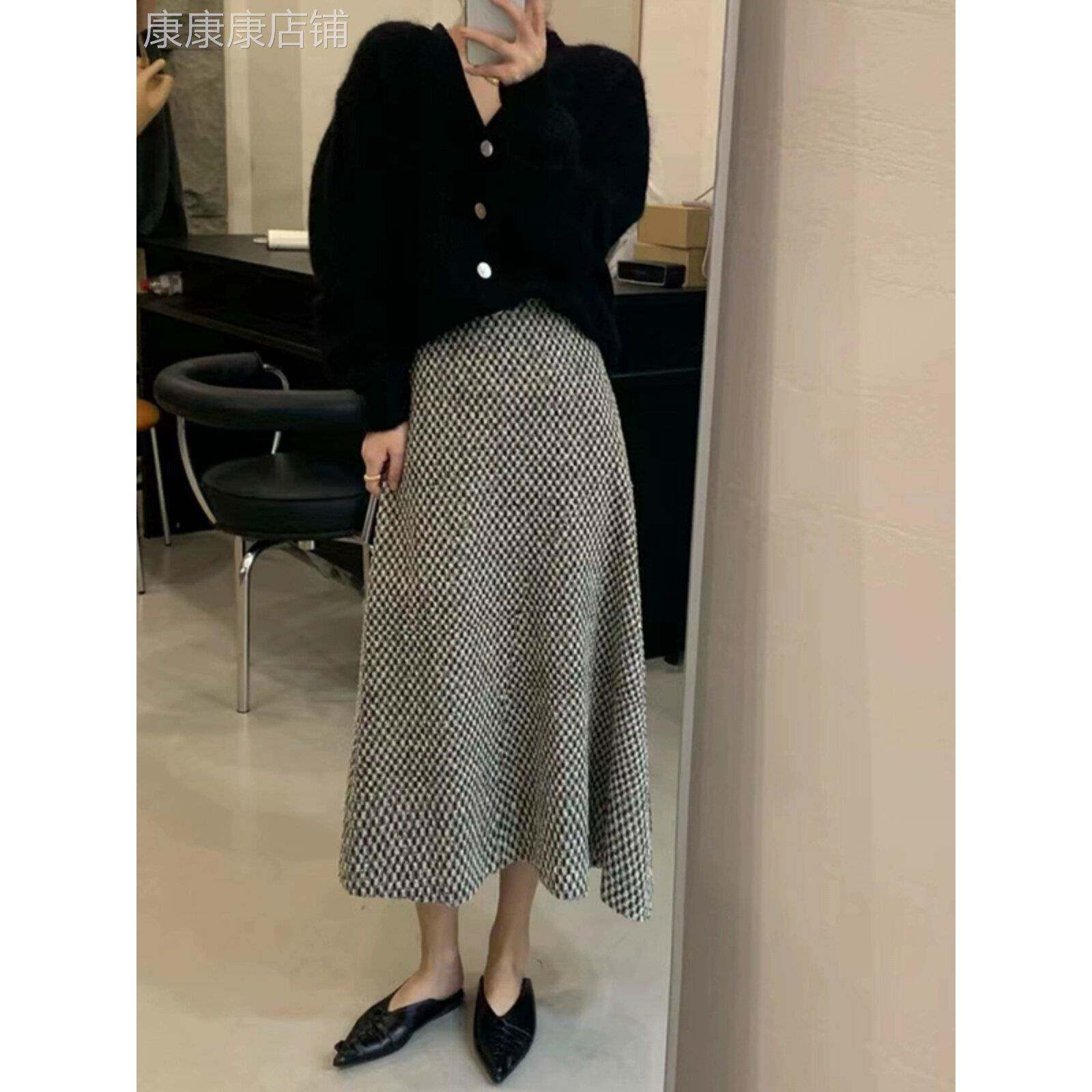千鸟格子半身裙女秋冬欧货中长款法式小香风过膝高腰a字裙配毛衣