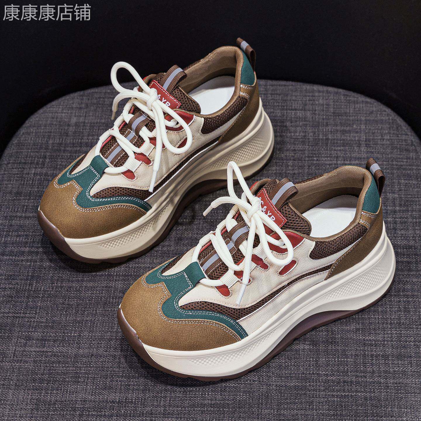 香港显脚小厚底内增高老爹鞋女款真皮2025秋新款7cm拼色休闲鞋子