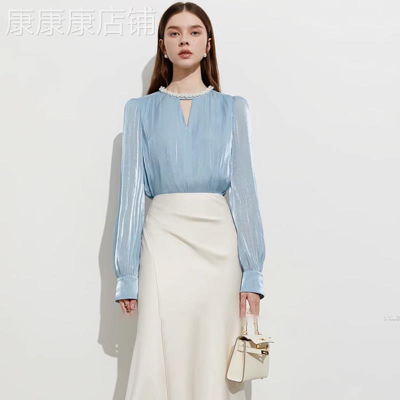 2025年春夏季新款法式蓝色衬衫小香风珍珠领上衣女雪纺衫小衫女款