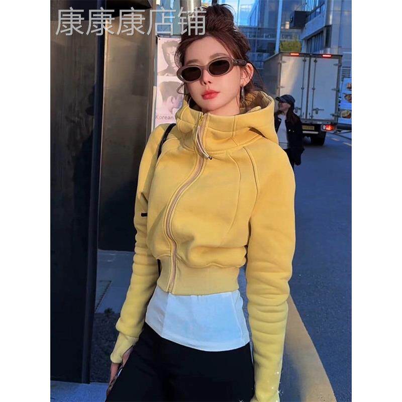 黄色长袖连帽卫衣女秋冬欧货加绒加厚时尚宽松短款连帽开衫上衣