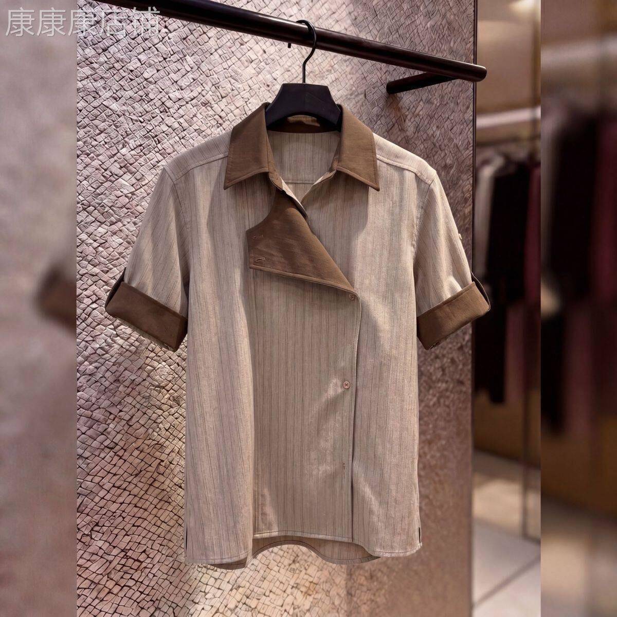 潮牌轻奢设计感翻领衬衣男士夏季老钱风不对称斜门襟宽松百搭衬衫