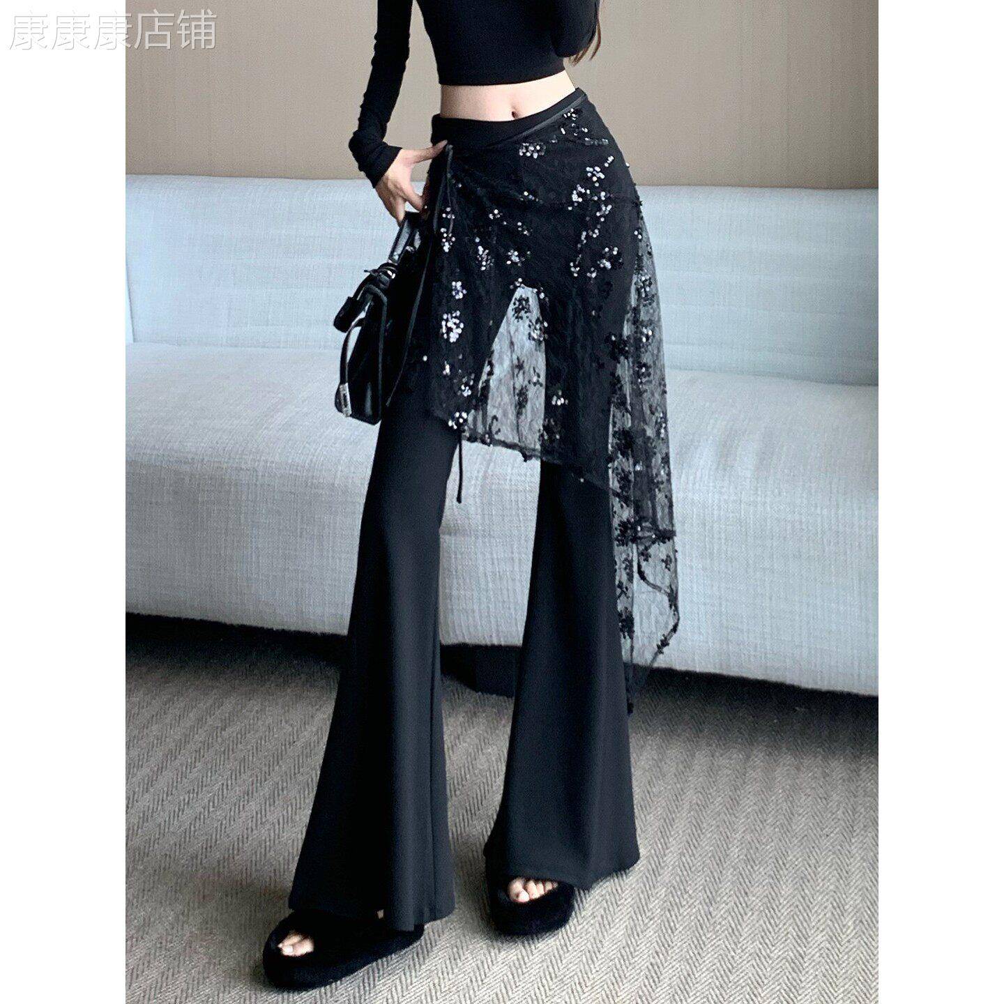 简珀可拆卸网纱屁帘微喇叭裤子女秋季新款时尚辣妹高腰休闲拖地裤