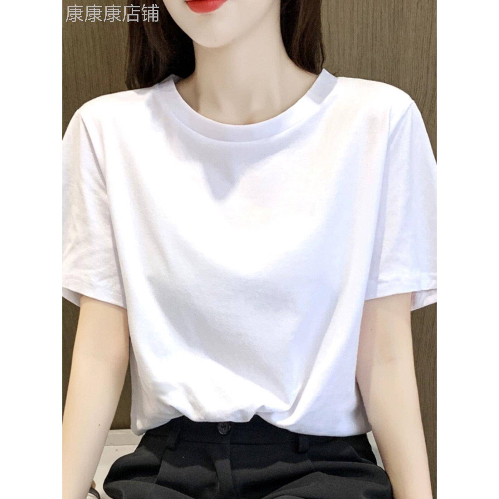 白色短袖女式t恤2025夏季新款宽松修身纯棉t恤圆领右肩上衣