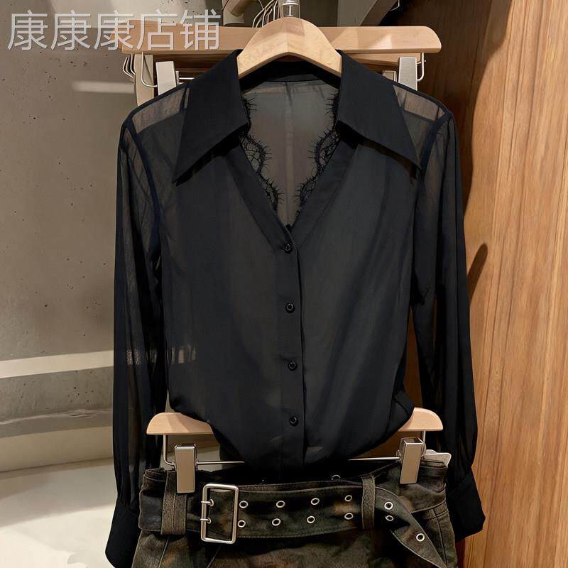 性感风黑色蕾丝拼接雪纺衬衫女2026秋季新款欧货时尚大码洋气小衫