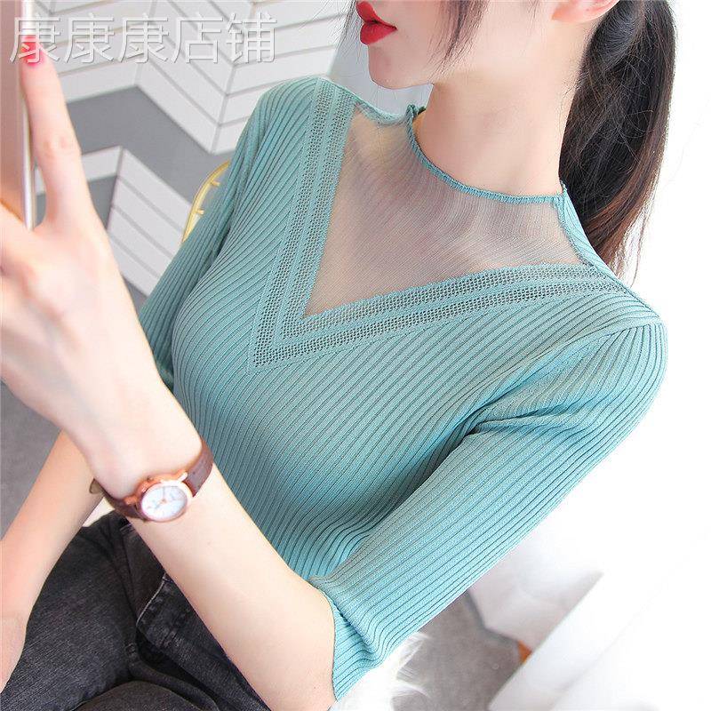 七分袖打底衫女春夏薄款内搭网纱半袖修身五分袖T恤纯色针织上衣