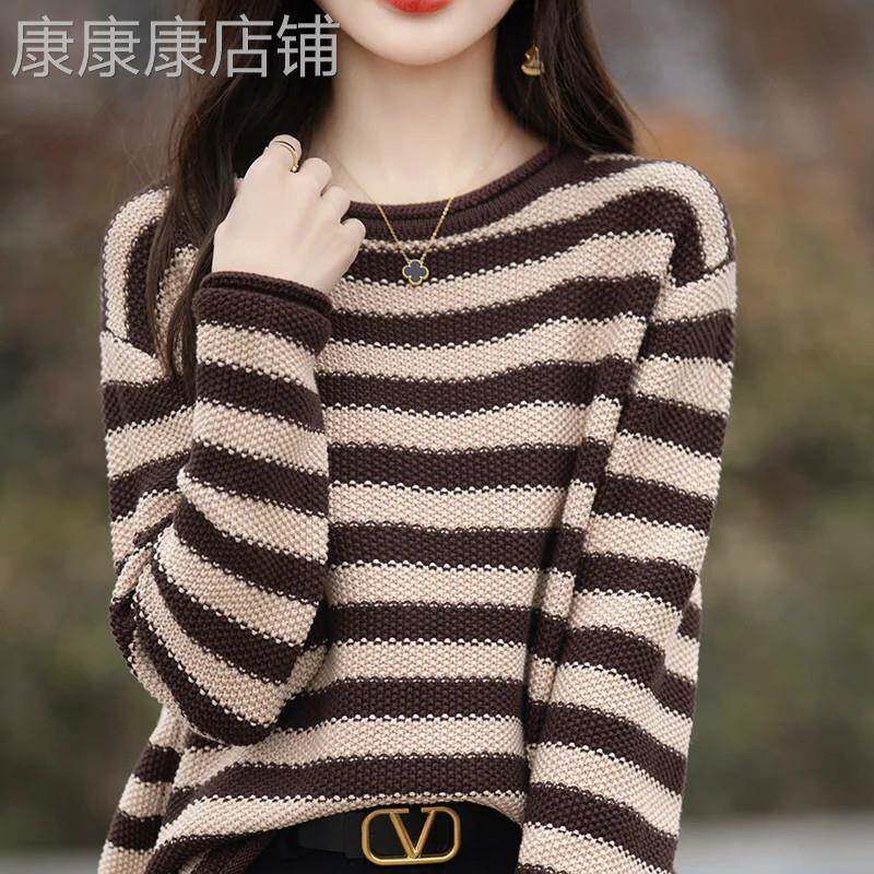 文艺撞色圆领条纹毛衣女秋季2026年新款宽松落肩休闲针织衫打底衫