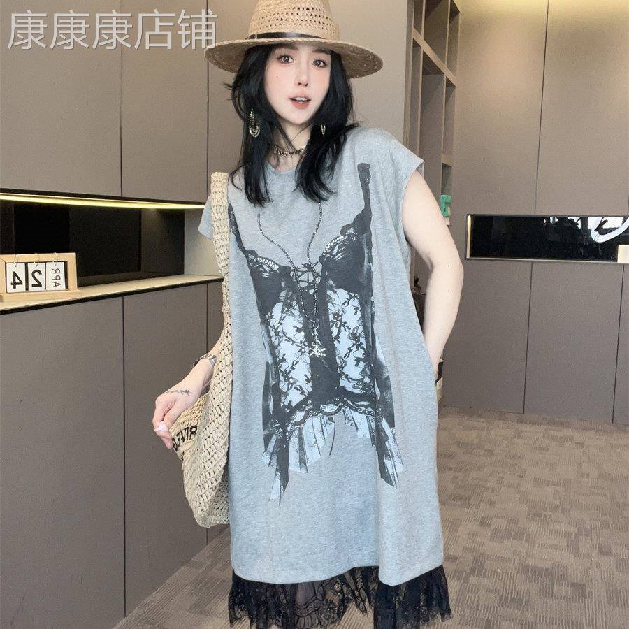 【现货】设计感印花短袖T恤裙女2026夏新款蕾丝下摆圆领中长裙子
