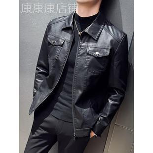 潮牌痞帅修身皮夹克男秋冬加绒潮流休闲翻领皮衣高端帅气机车外套