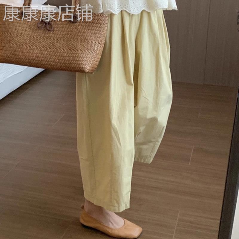 日系高腰百搭薄款松紧腰罗卜阔腿裤女夏季小个子直筒九分休闲裤子