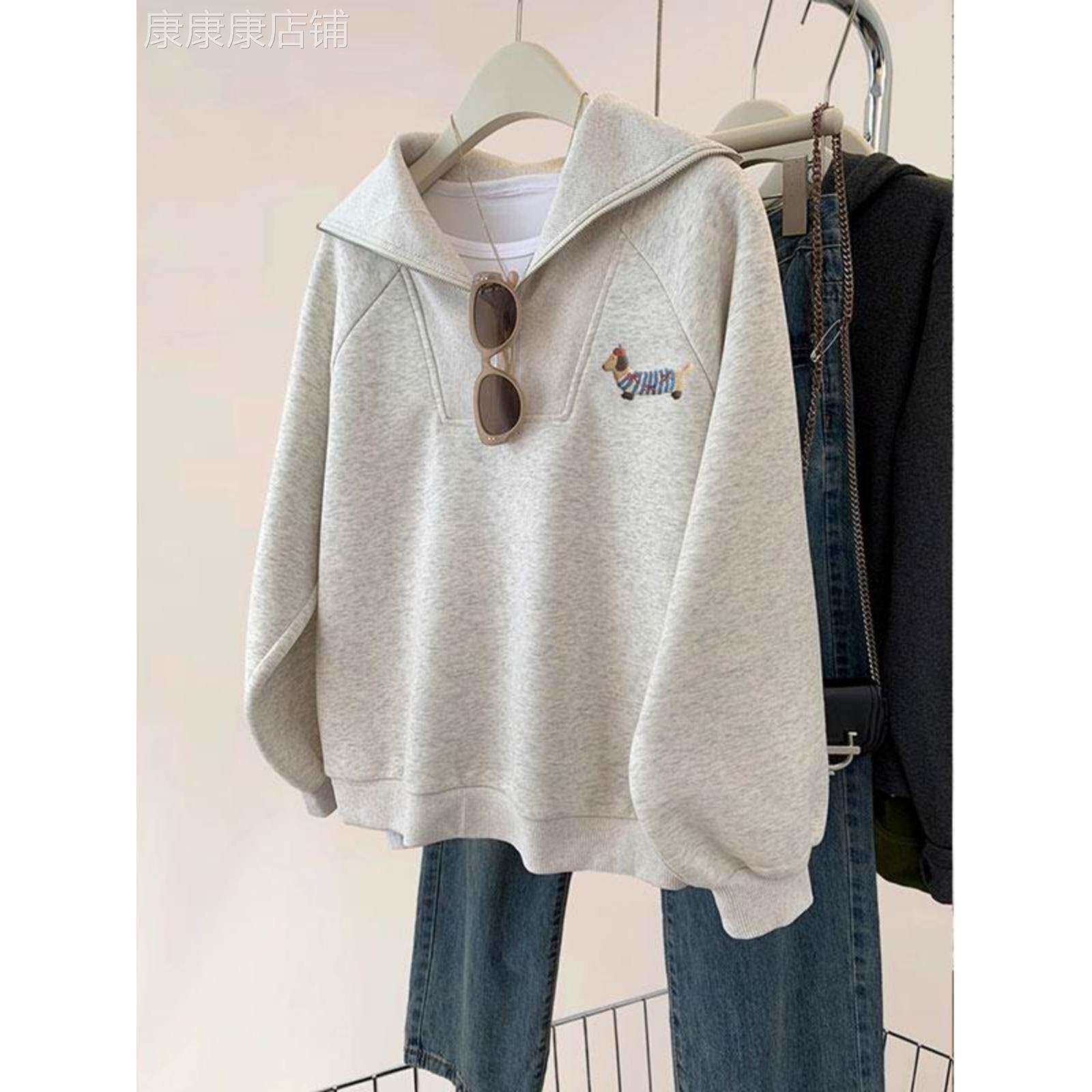 灰色翻领套头卫衣女款秋冬2025新款安可雷穿搭慵懒风无帽外套上衣