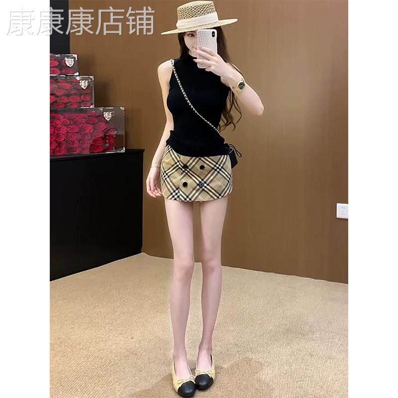 黑色英伦风背心格纹半身裙两件套女夏季欧货气质时髦修身显瘦套装