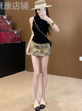 黑色英伦风背心格纹半身裙两件套女夏季欧货气质时髦修身显瘦套装