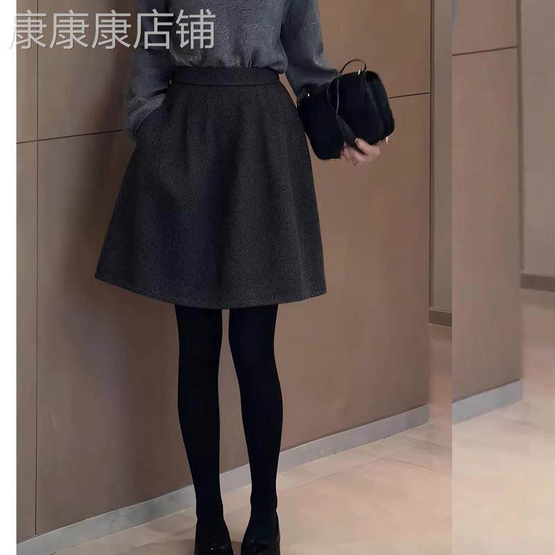灰色毛呢花苞裙女士冬季欧货新款高腰a字半身裙大码显瘦遮胯中裙