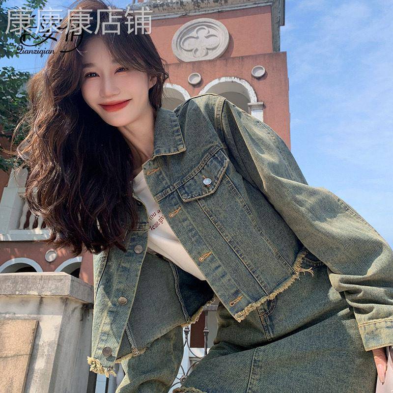 美式复古牛仔套装裙女秋装搭配一整套时尚设计感短外套短裙两件套