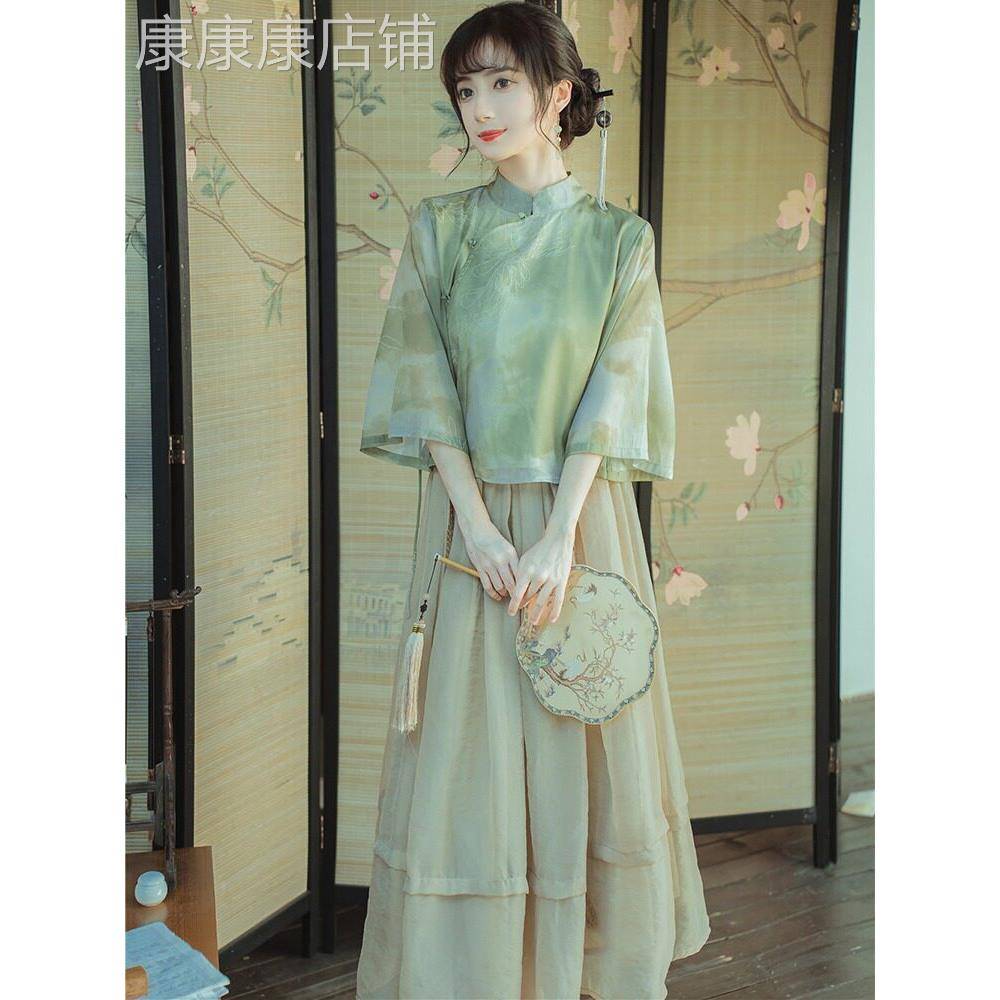 潮牌新中式国风覆古套装女清冷禅意仙气茶服小个子改良旗袍两件套