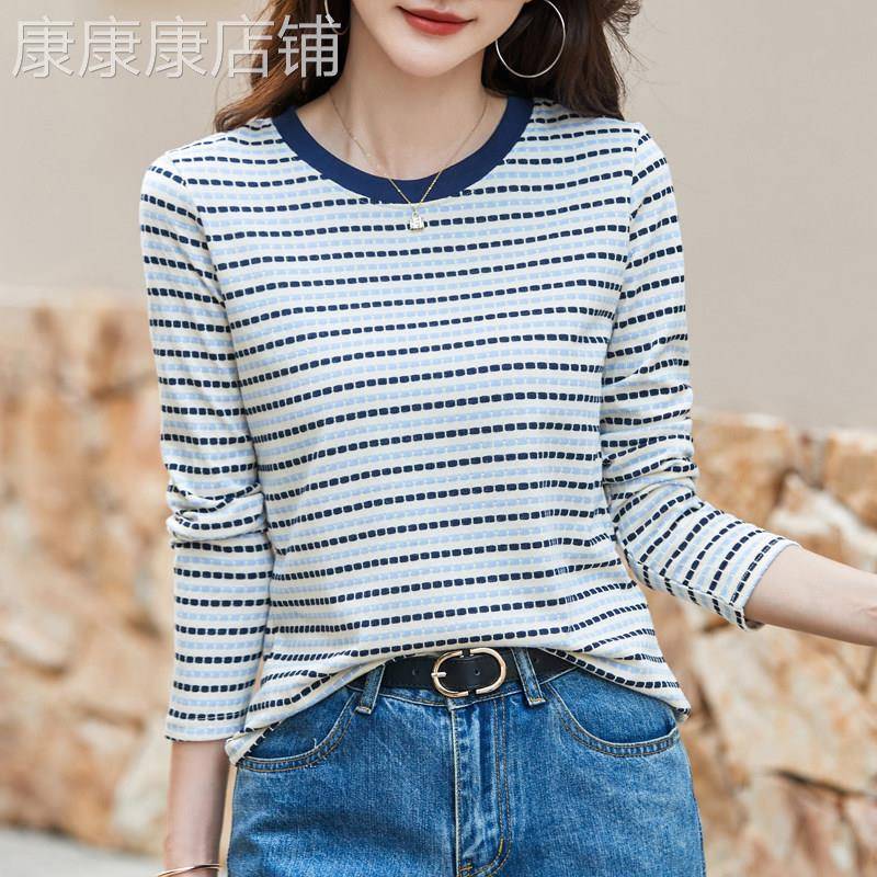 条纹长袖t恤女2025春秋新款宽松显瘦减龄内搭上衣爆款正肩打底衫