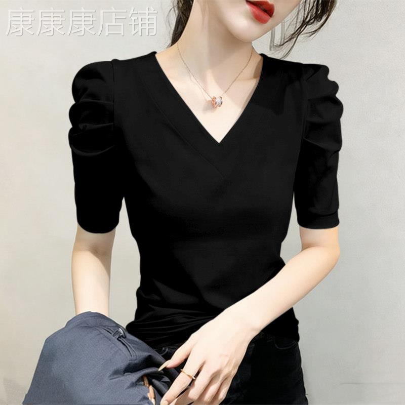 法式泡泡袖短袖V领T恤女2026夏季新款设计时尚显瘦遮肉韩系打底衫