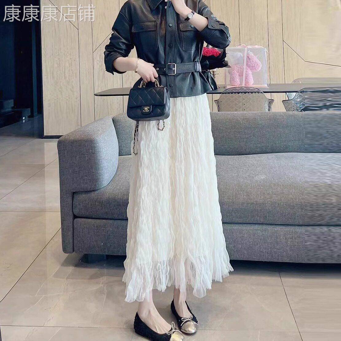 百褶半身裙女夏季2026年新款高腰垂感显瘦中长款纱裙压褶a字伞裙