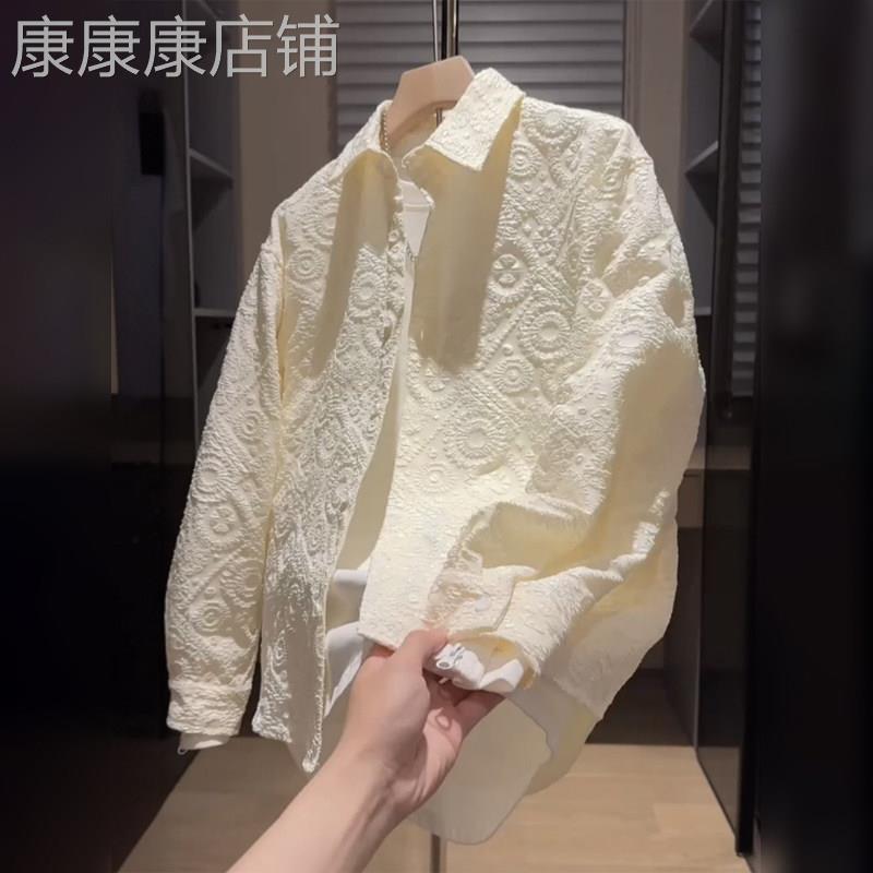 轻奢民族风立体提花燕尾翻领衬衫男春季时尚百搭宽松透气休闲外套