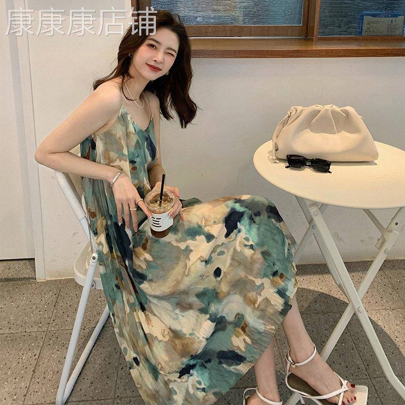 2025新款欧洲站印花连衣裙 中国风碎花吊带长裙 夏季通勤民族风荷