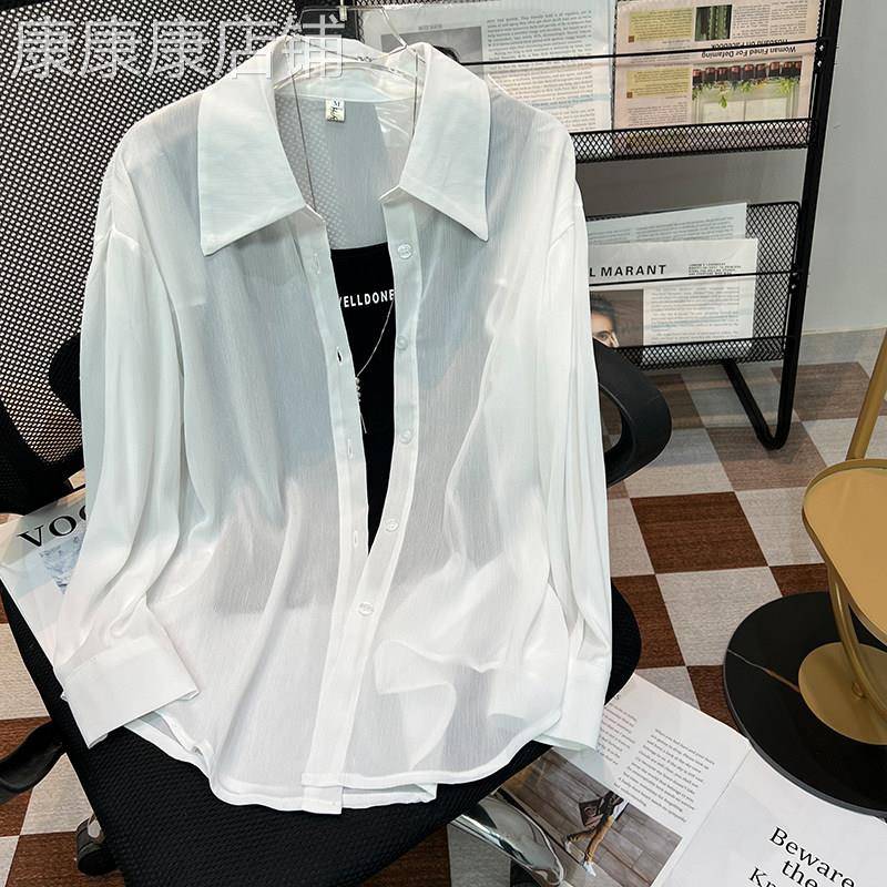 冰丝长袖防晒衬衣女夏新款时尚翻领开衫透气POLO领雪纺衬衫上衣薄