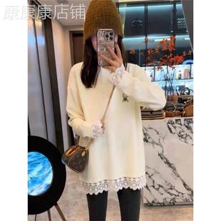 韩版纯棉厚款蕾丝T恤 中长款磨毛长袖上衣 女款过臀宽松打底衫