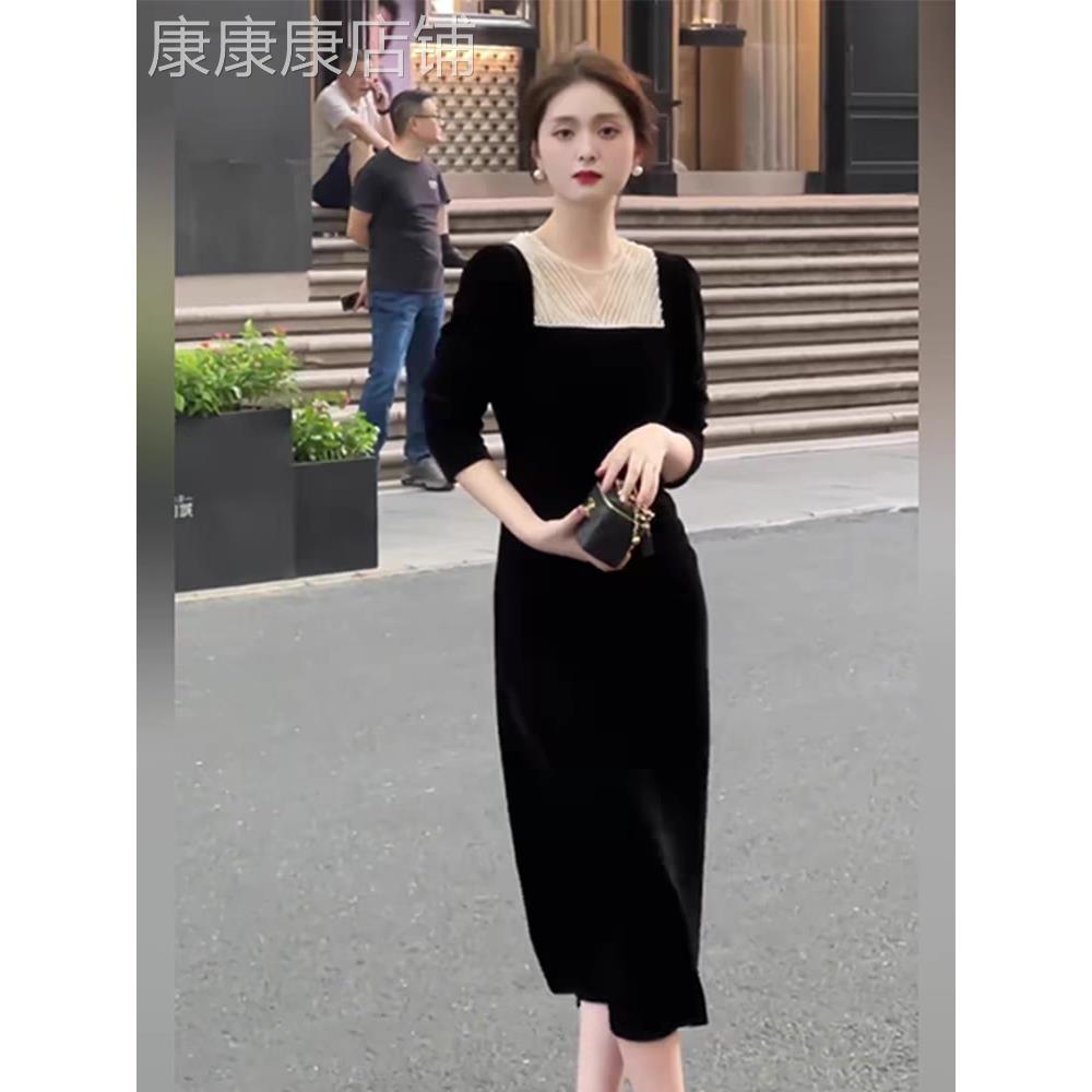 欧洲站2025年秋季新款法式高级感黑色小礼服气质赫本风丝绒连衣裙