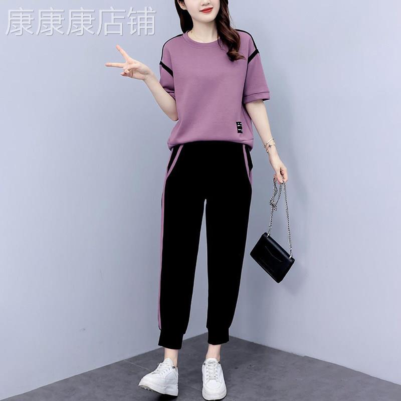 休闲运动套装女2025夏季新款大码胖mm显瘦时尚气质减龄短袖两件套