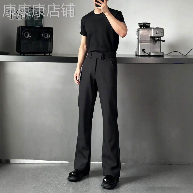 高端微喇休闲商务西裤男士春秋新款老钱风垂感修身高腰纯色直筒裤