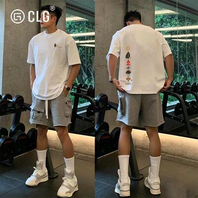 香港CLG潮牌美式短袖T恤男士露营户外风休闲夏季宽松透气百搭半袖