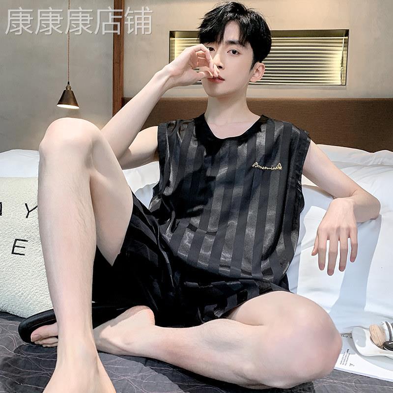 冰丝休闲套装男士夏季薄款可外穿高端丝绸无袖背心家居服男装一套