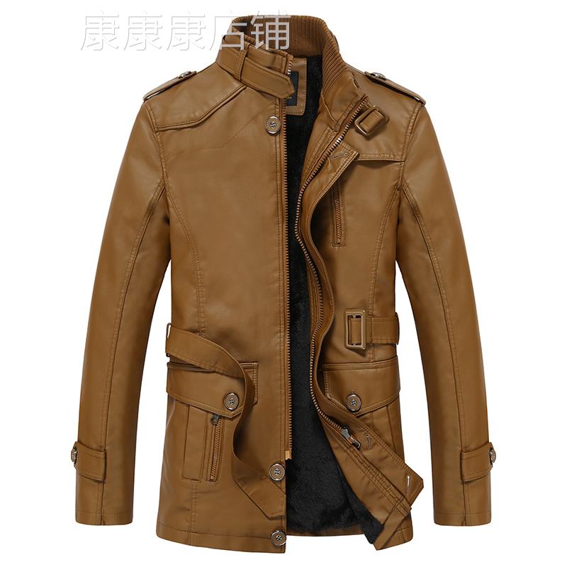 春秋冬立领皮风衣中长款男机车服皮衣夹克加绒加厚皮毛一体潮外套