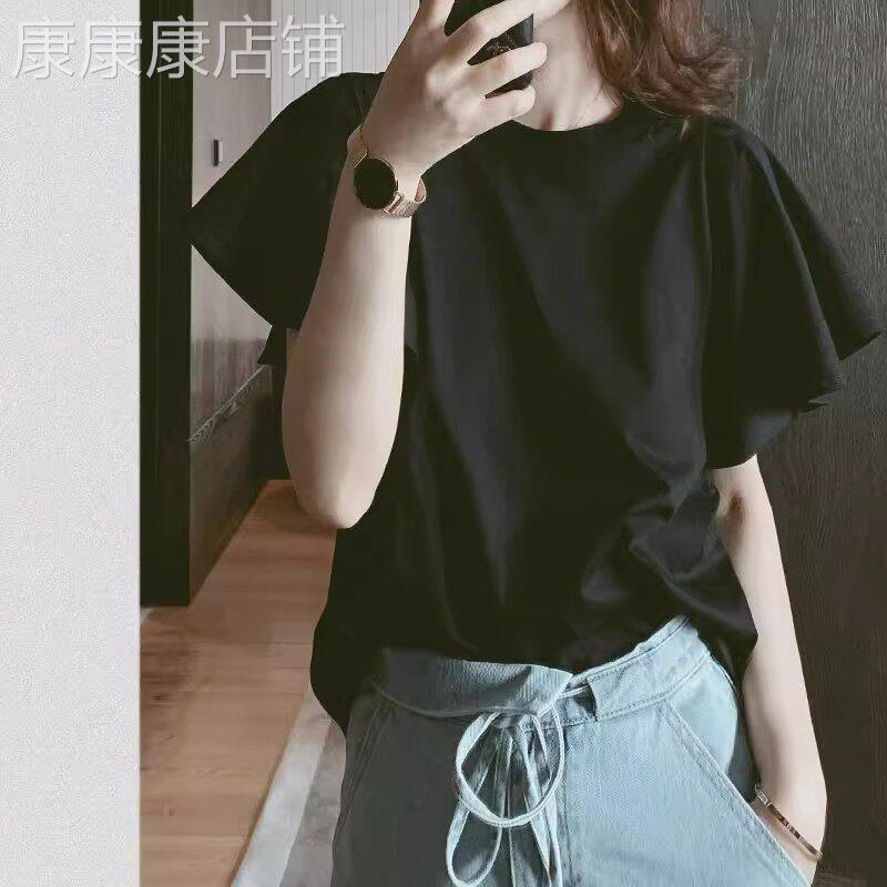 设计感荷叶边短袖T恤女夏季欧洲站2025新款宽松显瘦休闲 百搭上衣