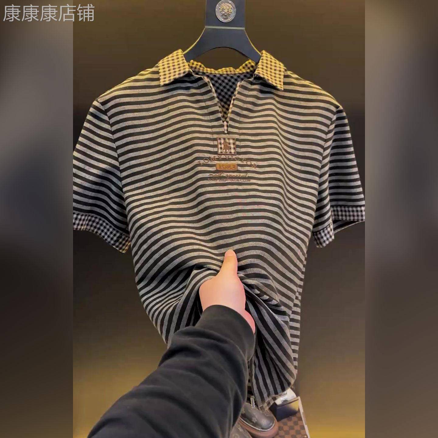 潮牌轻奢翻领POLO衫短袖男条纹商务休闲T恤夏季新款百搭透气上衣