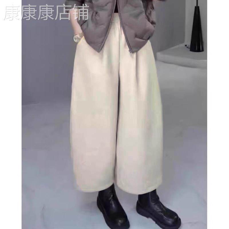 松紧腰阔腿裤女秋冬高端欧货大尺码梨形身材小个子加绒加厚九分裤